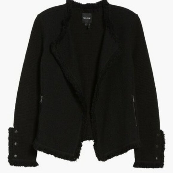 Nic+Zoe Jacket Black Textured Open Front Fringe Trim & Snap Cuff Detail Size XS - Picture 1 of 15